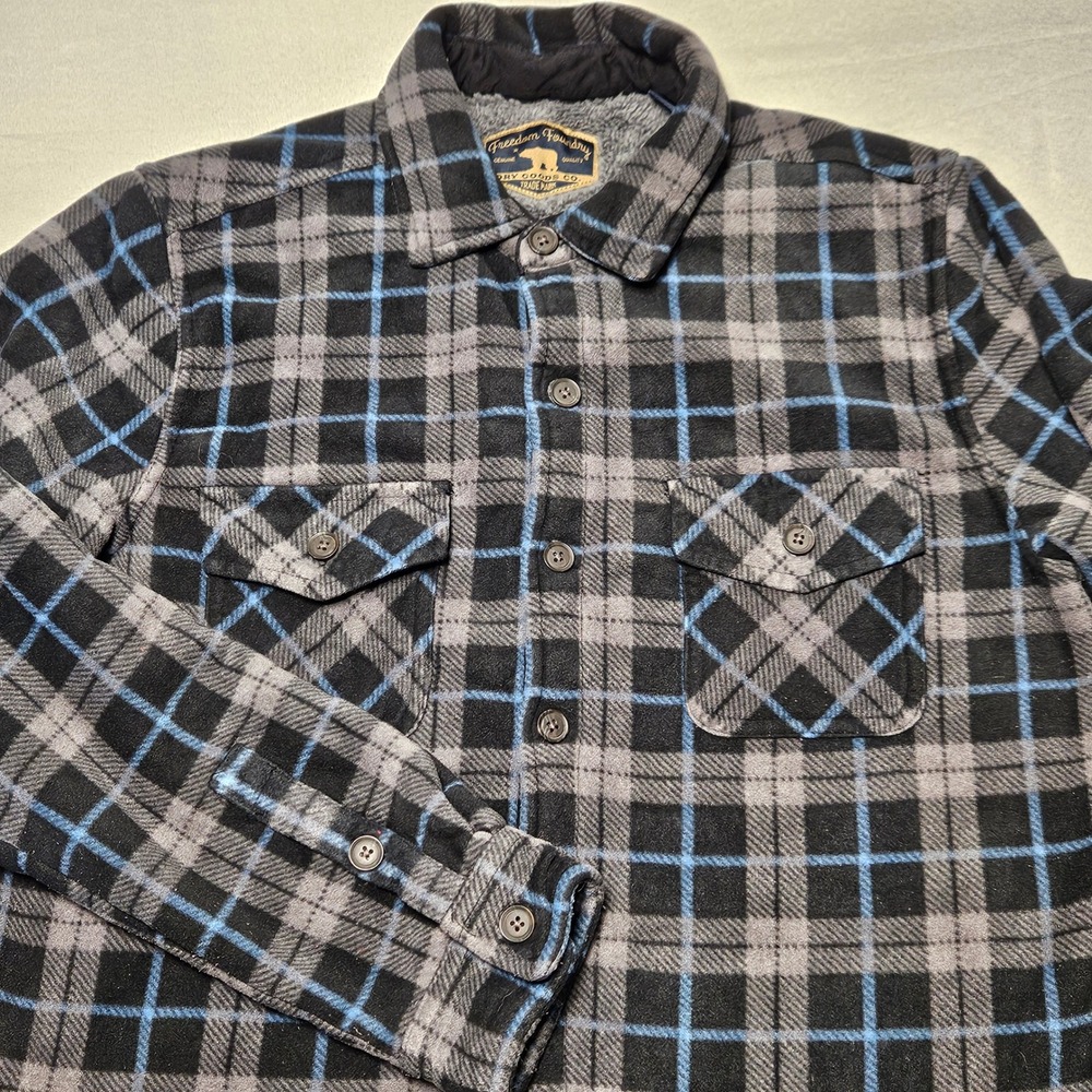 Freedom Foundry Sherpa Lined Flannel Jacket Mens Medium Black Grey Blue Plaid